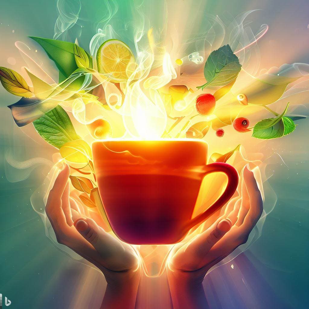 A serene image featuring a person holding a cup of steaming tea. Rays of light radiate from the cup, enveloping the individual in a warm, soothing glow. Vibrant elements like leaves, fruits, and a lively backdrop convey the comprehensive wellness benefits of tea.